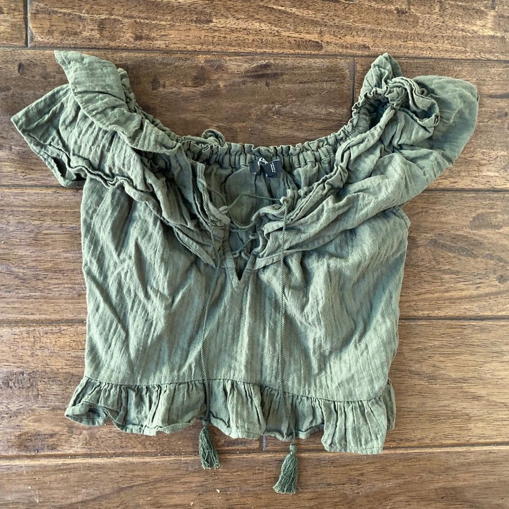 Express Womens XS Green Crop Top Ruffle Sleeve Tie Front Festival Summer